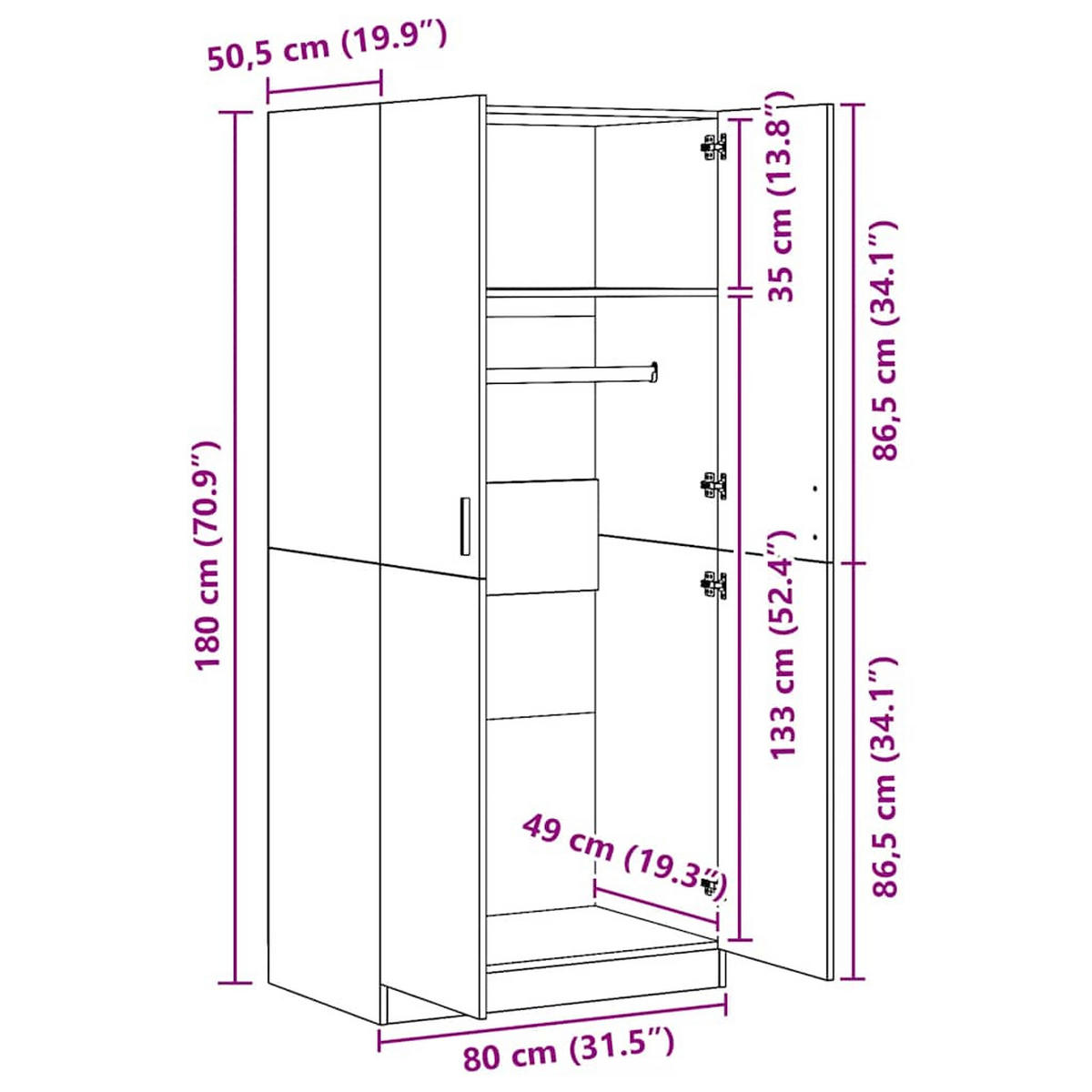 KLEIDERSCHRANK 2-Türig 80/52/180 cm aus Holzwerkstoff Sonoma-Eiche Dekor - Braun/Sonoma Eiche, Holz (80/180/52cm) - vidaXL