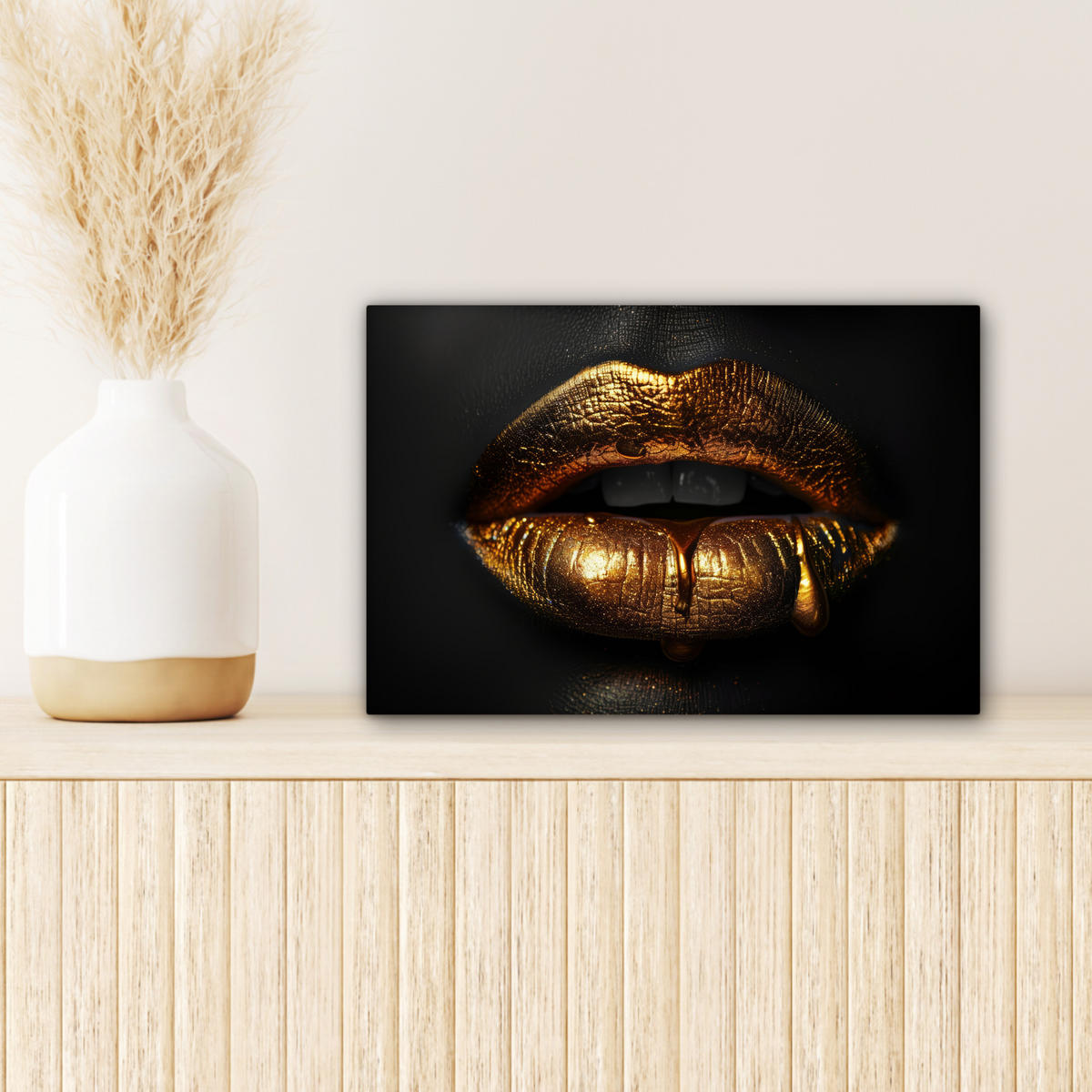 LEINWANDBILD Frau - Porträt - Lippen - Gold - Schwarz Deko Schlafzimmer 30x20 cm - Schwarz, Textil (30/20cm) - MuchoWow