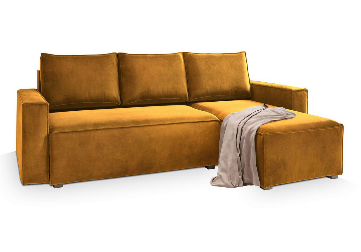ECKSOFA SILES Gelb Velours-Stoff mit Schlaffunktion - Gelb, Holz (230/140cm) - MASSENO