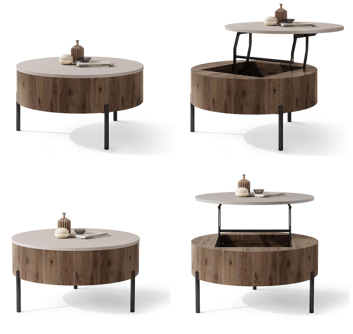 COUCHTISCH rund aufklappbar höhenverstellbar Stauraum 79/79/42 cm - Beige/Nussbaumfarben, Holzwerkstoff (79.5/79.5/42.7cm) - designimpex