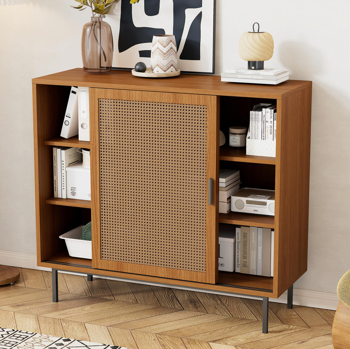 SIDEBOARD aus Spanplatte 100x37x90 cm Walnuss mit Rattan-Schiebetüren und 3 Regalböden - Walnussfarben, Holzwerkstoff (100/90/37cm) - IVMEU
