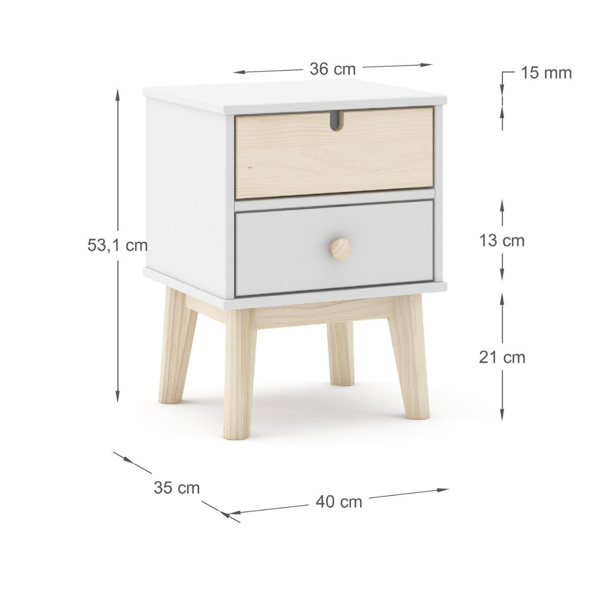NACHTTISCH mit 2 Schubladen, L40 cm 35/40/53,1 cm - Weiß, Holzwerkstoff (35/53.1/40cm) - Calicosy
