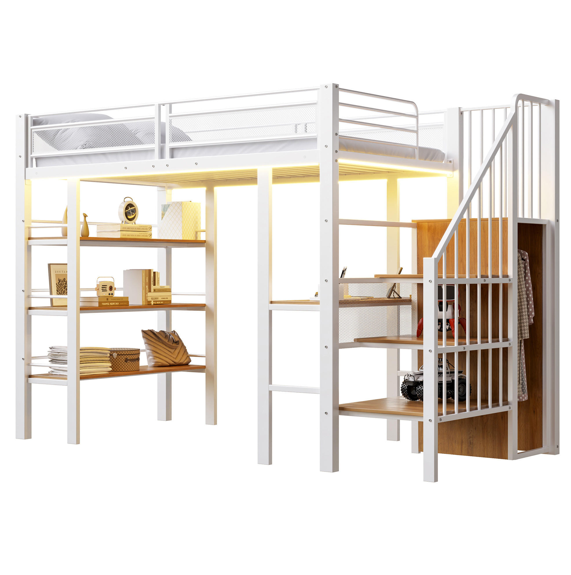 HOCHBETT 90/200 cm mit LED-Lichtleiste, Schreibtisch, Regal und Kleiderschrank, Weiß - Weiß, Holzwerkstoff (90/200cm) - Redom