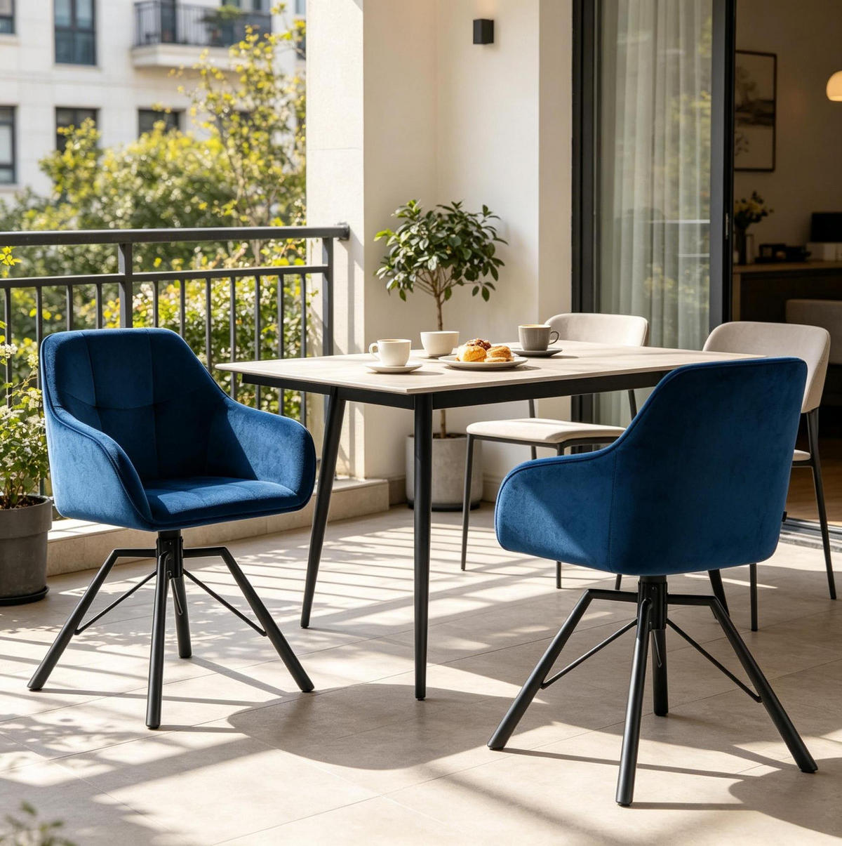 ESSSTUHL 2er-Set drehbar 58,5 x 82,5 x 54,5 cm Blau Samt Metall - Blau, Metall (54/82.5/57cm) - Meubliv