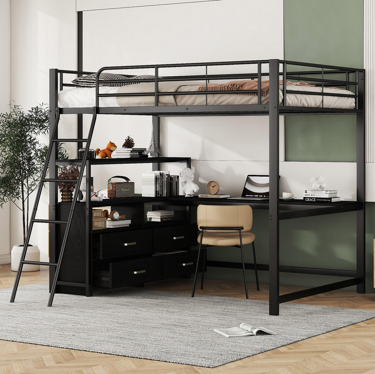 HOCHBETT 140/200 cm schwarz mit L-förmigem Schreibtisch und Schubladen mit Matratze - Schwarz, Metall (140/200cm) - OKWISH