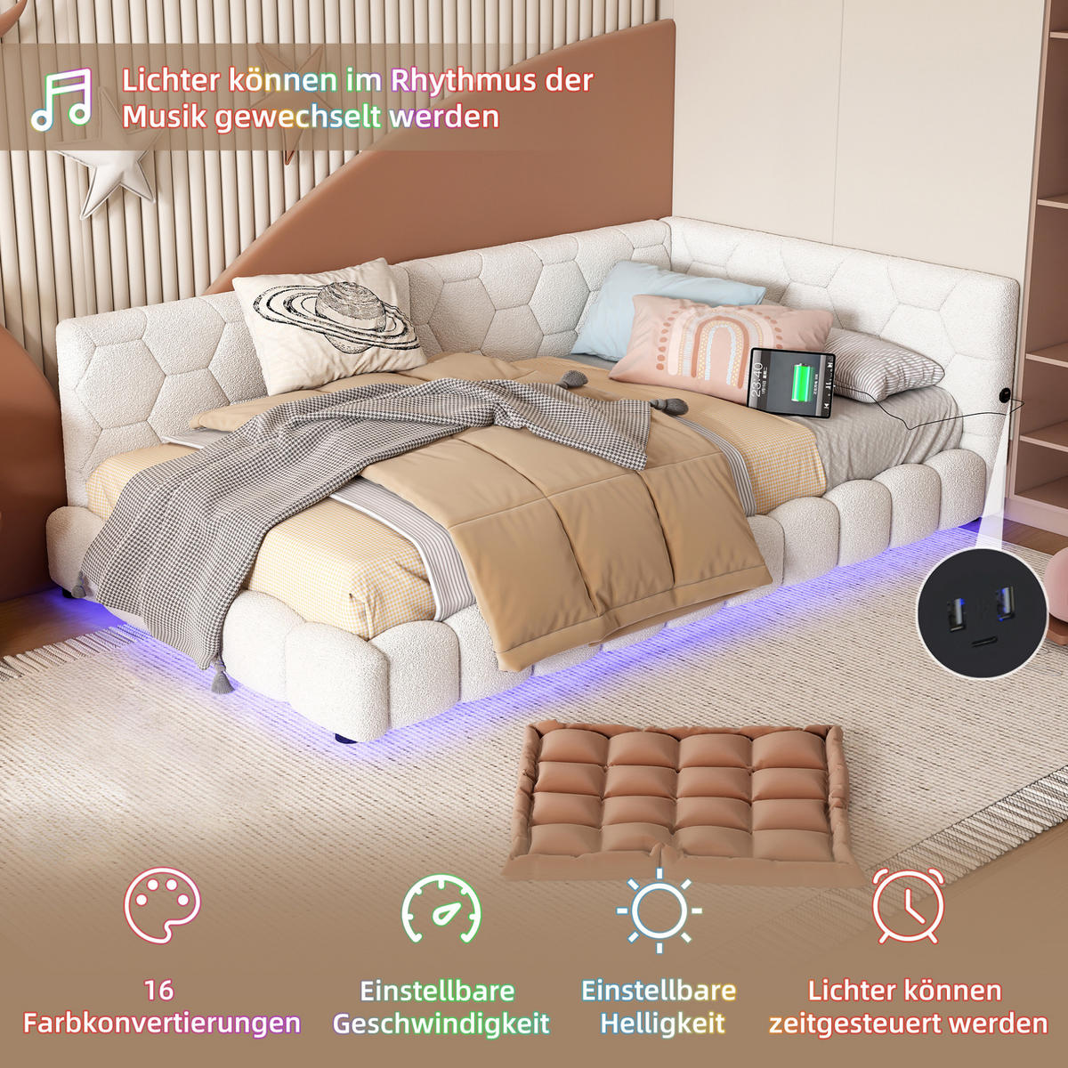 KREVET 90/200 cm od baršuna s LED osvjetljenjem, USB i Type-C priključkom, bez madraca, Bijela - bijela, tekstil (90/200cm) - Redom