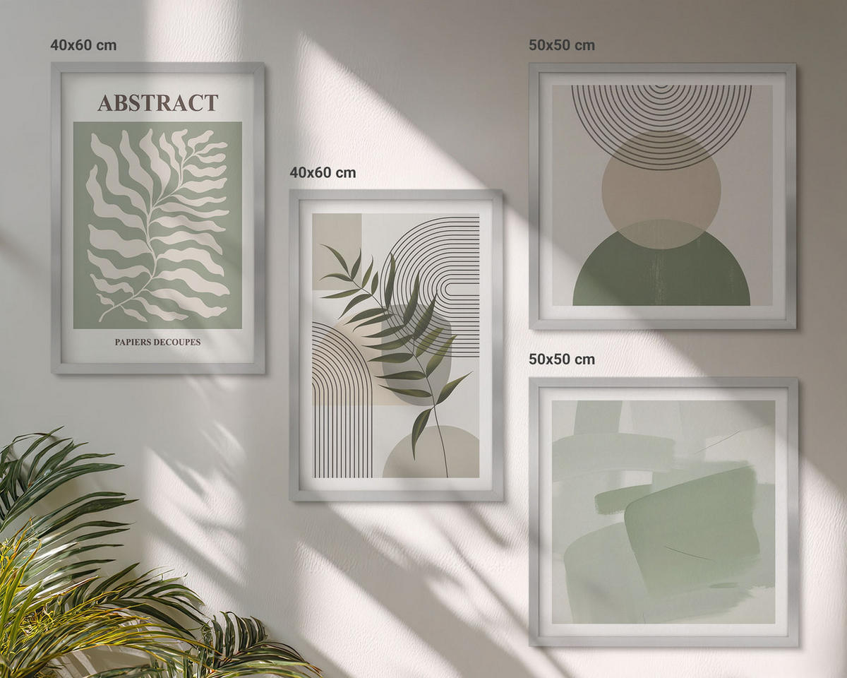 WANDBILDER 4er Set - 50x50 cm & 40x60 cm Silberner Rahmen - Botanische Boho-Abstraktionen - Silberfarben, Kunststoff (50/50cm) - ArtPrintCave