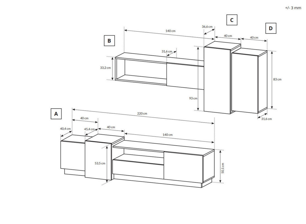 WOHNWAND Viano Weiß / Eiche Craft Gold - 4-teiliges Set mit Push-to-Open - Eichefarben/Weiß, Holz/Holzwerkstoff (220/180/45cm) - Ravio