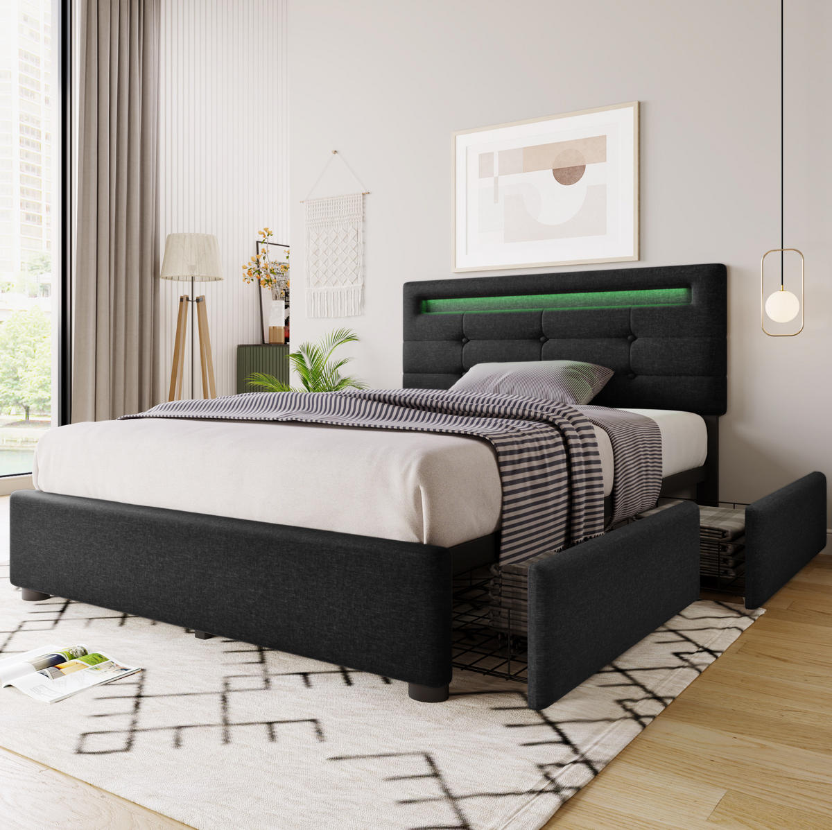 POLSTERBETT mit LED-Beleuchtung 90/200 cm mit 2 Schubladen und Matratze - Schwarz, Textil (90/200cm) - BEAOK