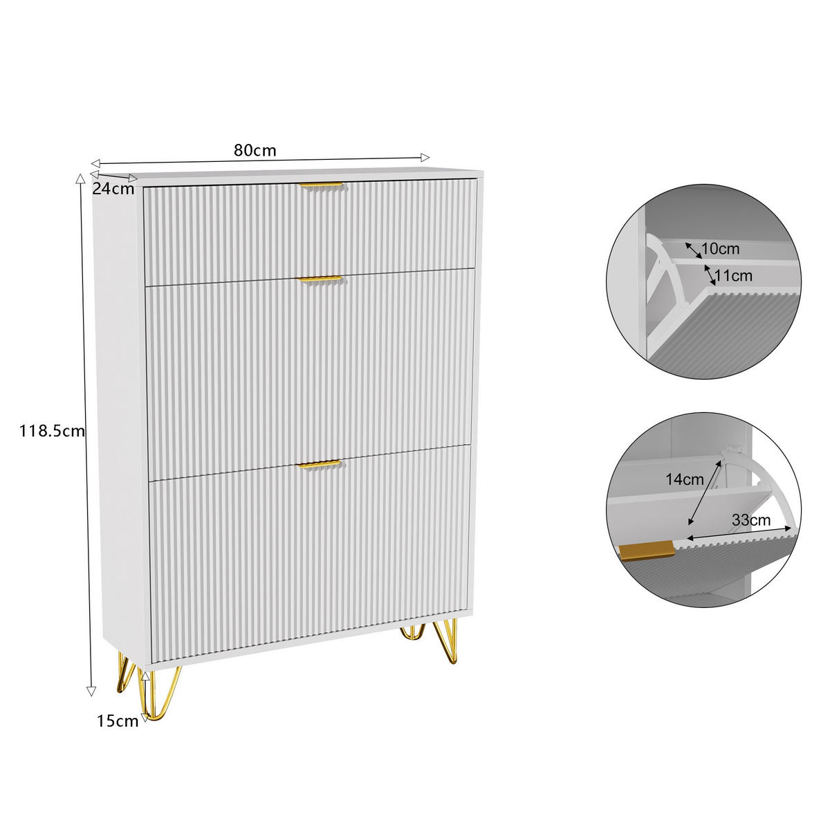 SCHUHSCHRANK 80x118,5 cm Modernes Wellendesign 2 Klappen & Ablagefach Weiß/Gold - Weiß, Holz (80/118.5/24cm) - DELFA