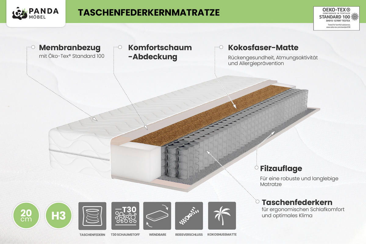 TASCHENFEDERKERNMATRATZE Pocket mit KOKOS 100x200cm H3/H4 - Weiß, Textil (100/200cm) - Panda Möbel