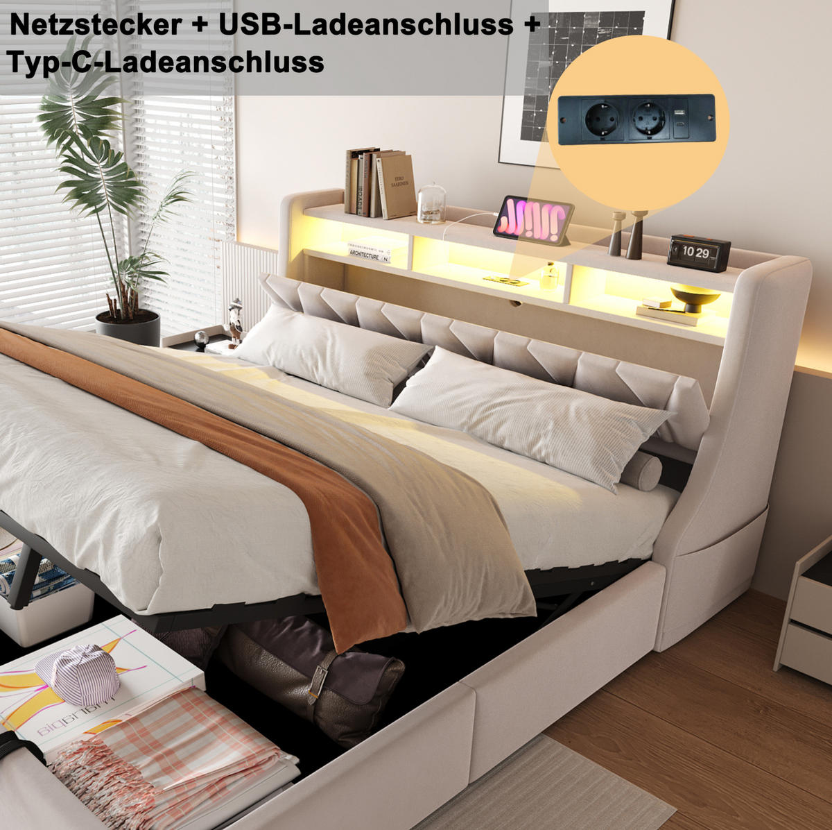 ČALÚNENÁ posteľ 180/200 cm s LED osvetlením, úložným priestorom a zásuvkami USB/Typ-C, Béžová - béžová, textil (180/200cm) - Redom