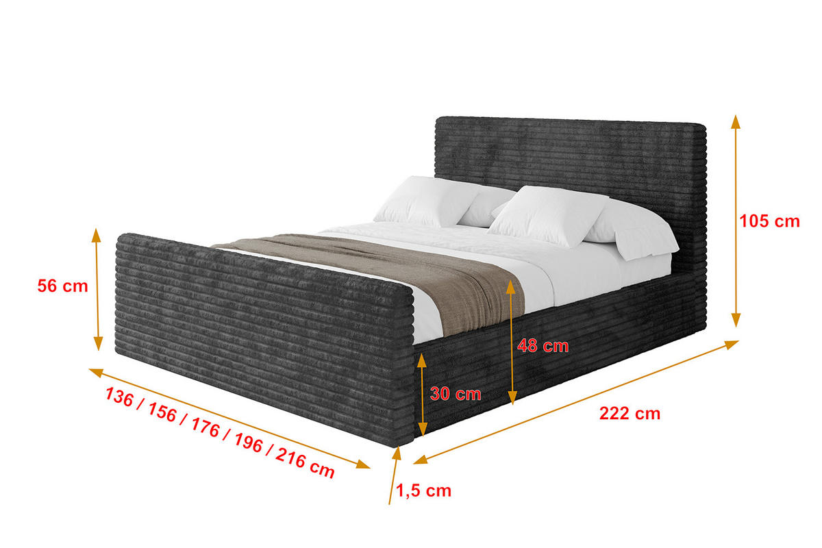 POLSTERBETT mit Bettkasten, Fußteil und Lattenrost, Boxbett mit Matratze H3/H4 - ALOVA-Z 180x200 Schwarz - Schwarz, Holzwerkstoff/Textil (180/200cm) - ALTDECOR
