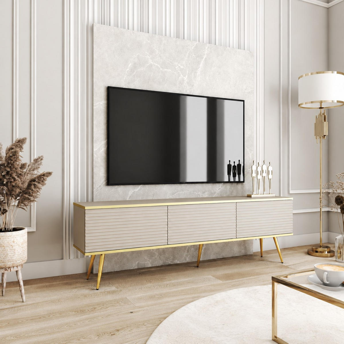 LOWBOARD TV BANFF RTV8-2D Goldene Metallbeine, geriffelte Fronten, Beige - Beige, Holzwerkstoff/Kunststoff (175/53/32cm) - Komodee