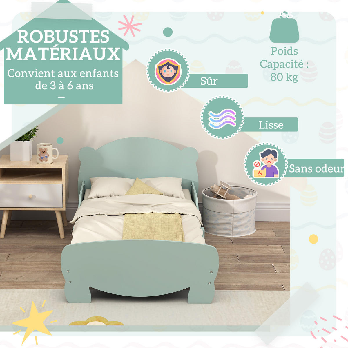 KINDERBETT 140x70 cm DE-14657 mit Schutzbügeln & Bären-Design Grün - Grün, Holzwerkstoff (70/140cm) - ComfortXL