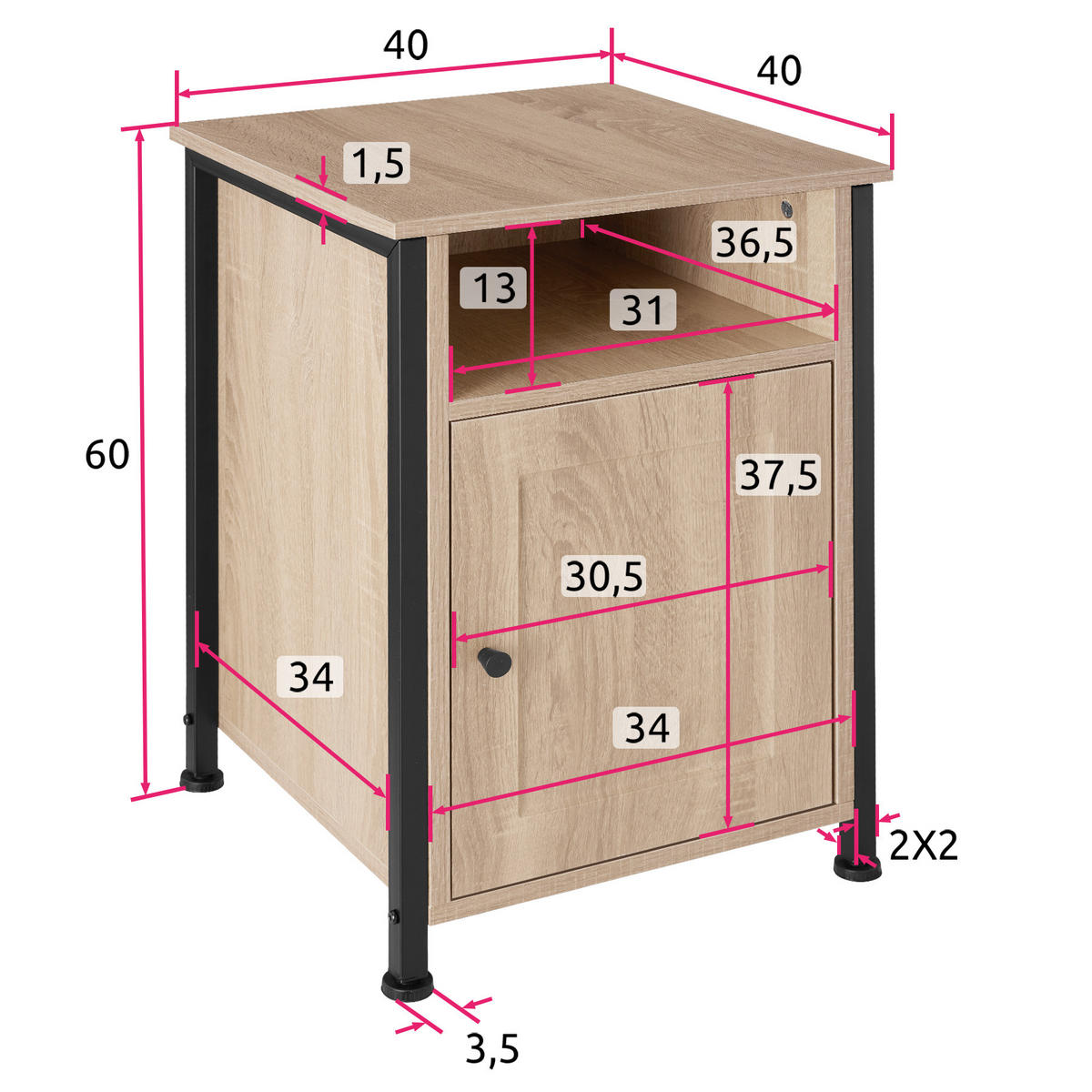 NACHTSCHRANK Blackburn,40 x 42 x 60,5 cm,Industrial Holz hell, Eiche Sonoma - Naturfarben, Holzwerkstoff (40/60.5/42cm) - tectake