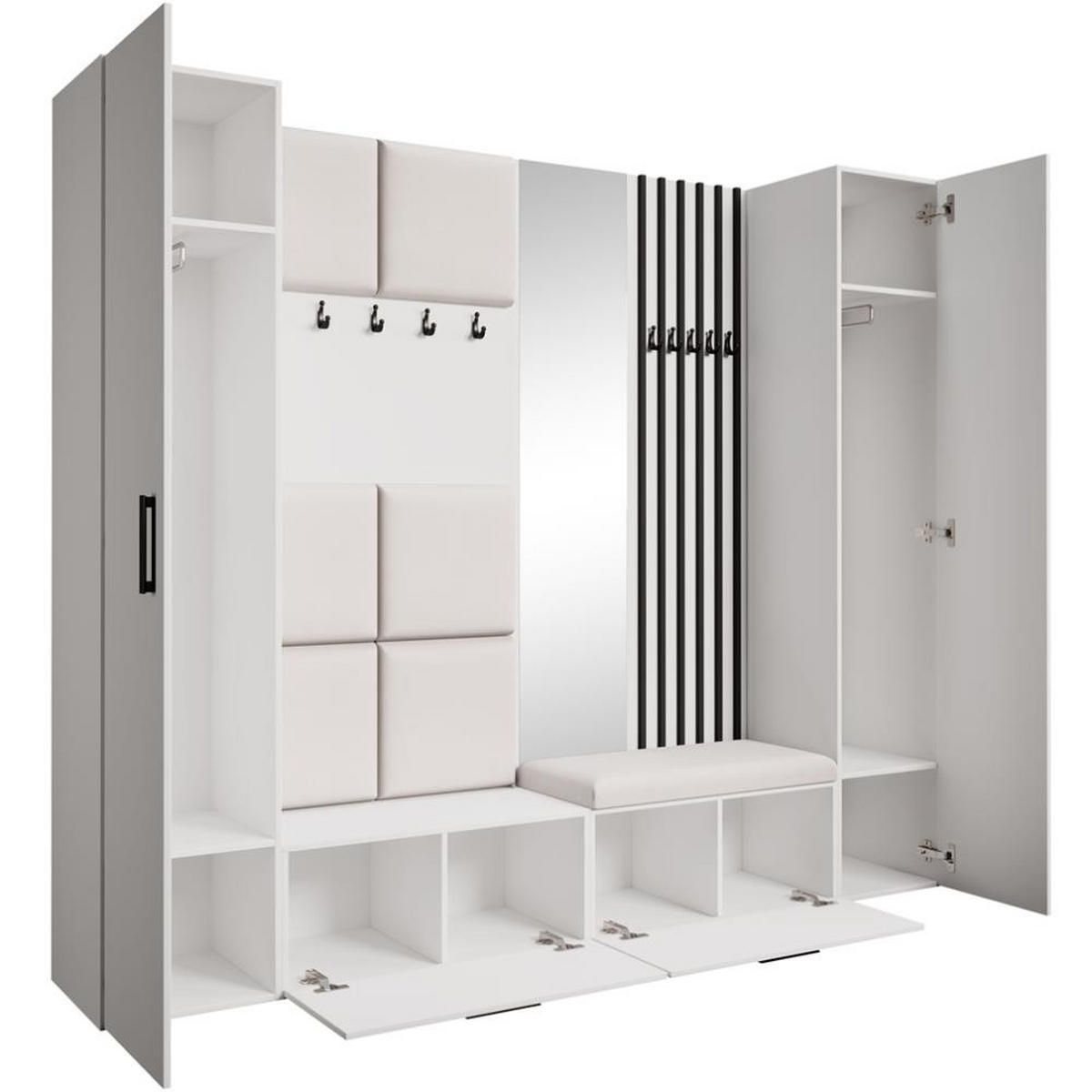 GARDEROBE Margaret XL 242/203/43 mit gepolsterten Paneelen/Lamellen/Spiegel - Beige/Schwarz, Holzwerkstoff/Kunststoff (242/203/43cm) - Beautysofa