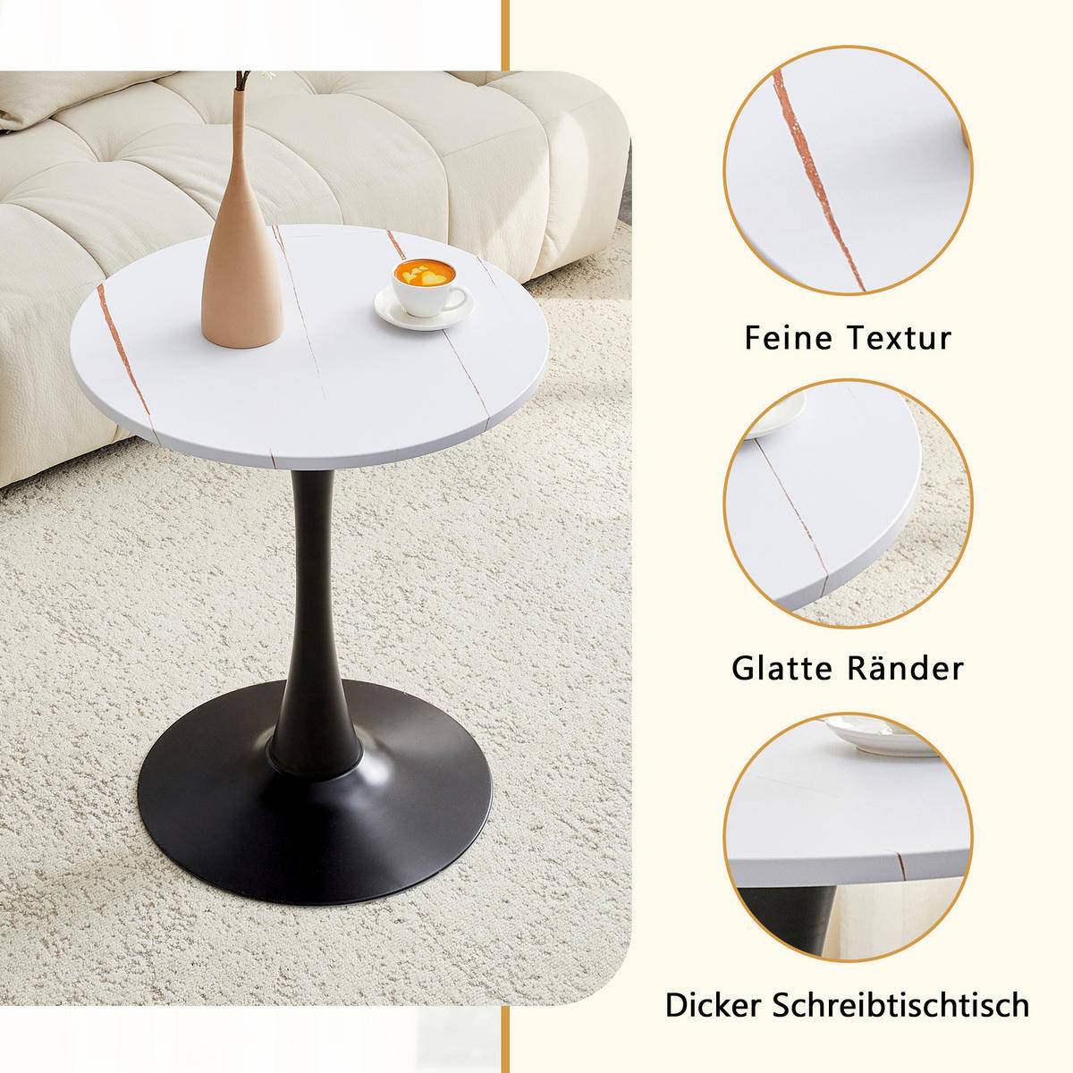 BEISTELLTISCH rund 60/60/72 cm Weiß Schwarz aus MDF Metall mit thermoformierter Tischplatte - Weiß, Holzwerkstoff (60/60/72cm) - OKWISH