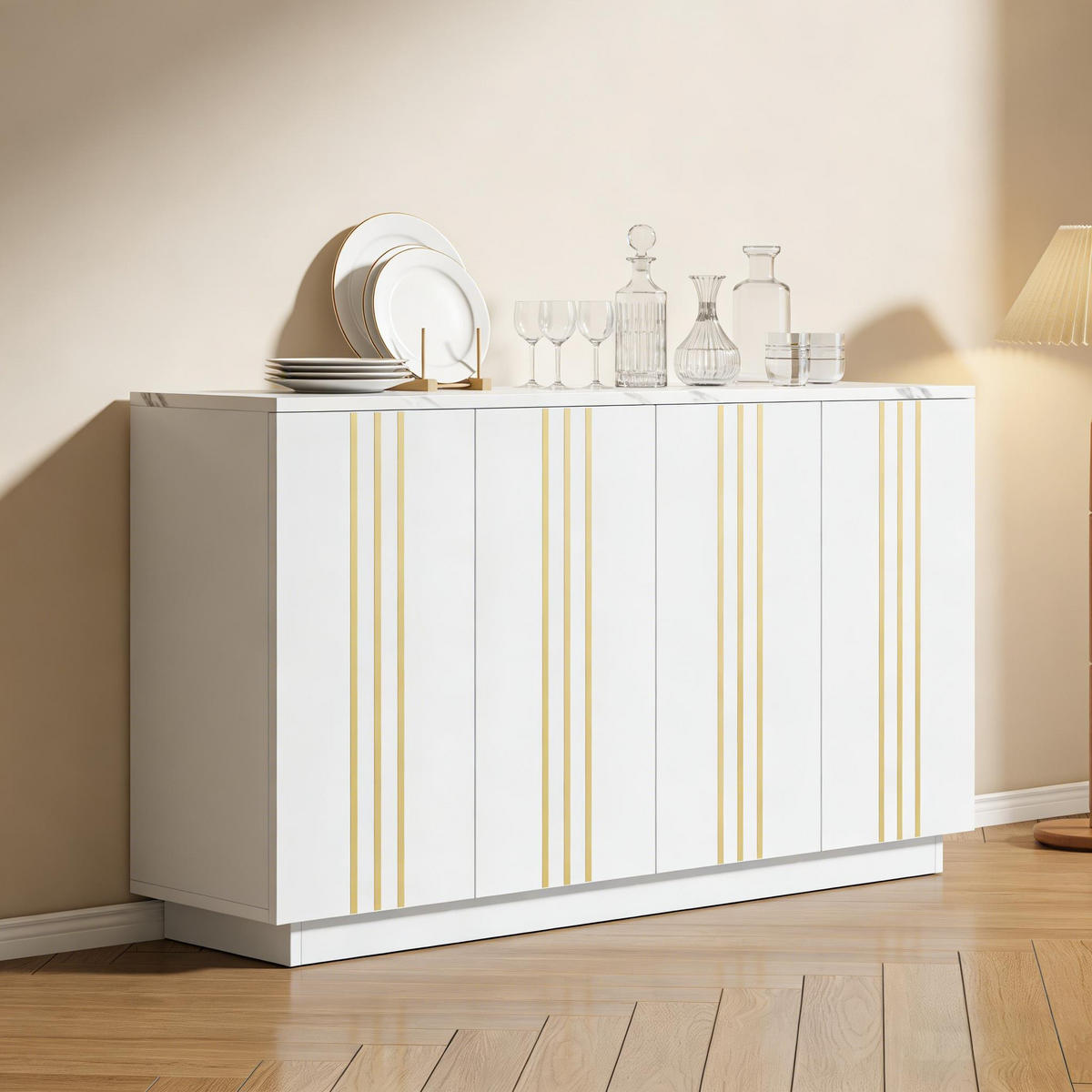 SIDEBOARD Weiß-gold mit vier Schranktüren und verstellbaren Einlegeböden 35 × 140 × 70 cm aus Spanplatte - Weiß, Holzwerkstoff (140/70/35cm) - Luhomfu