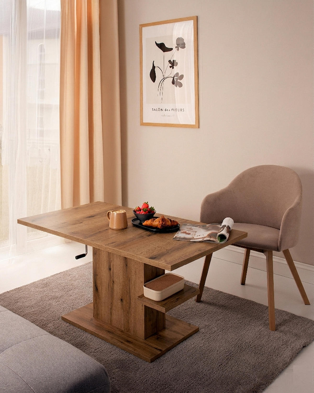 COUCHTISCH rechteckig stufenlos höhenverstellbar Ablage 110/65/54 cm - Eichefarben, Holzwerkstoff (65/110/54cm) - designimpex