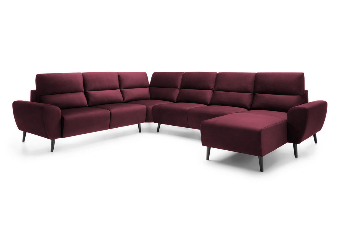 ECKSOFA BOSCO U-Form, Monolith-Stoff, freistehend, mit verstellbaren Kopfstützen, Sofa für Familien, Größe: 340x270x98cm, Farbe: Burgunderrot - Bordeaux, Holz/Textil (340/270cm) - DomoHome