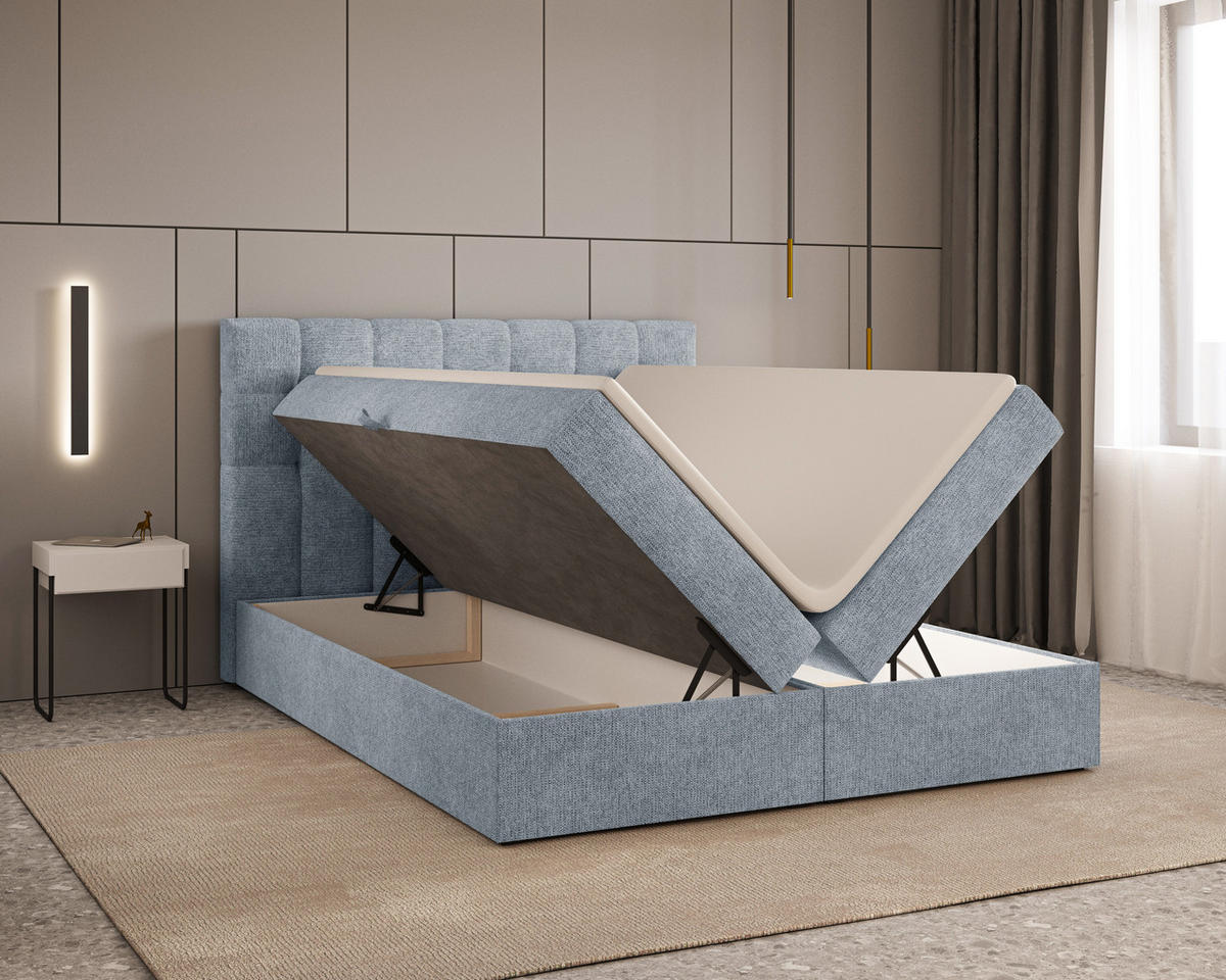 BOXBETT - Bett 05 OSLO - Aragon - 140x200 cm - mit Bettkasten und Komfort-Topper - Blau, Holz (140/200cm) - ROYAL24_MARKT