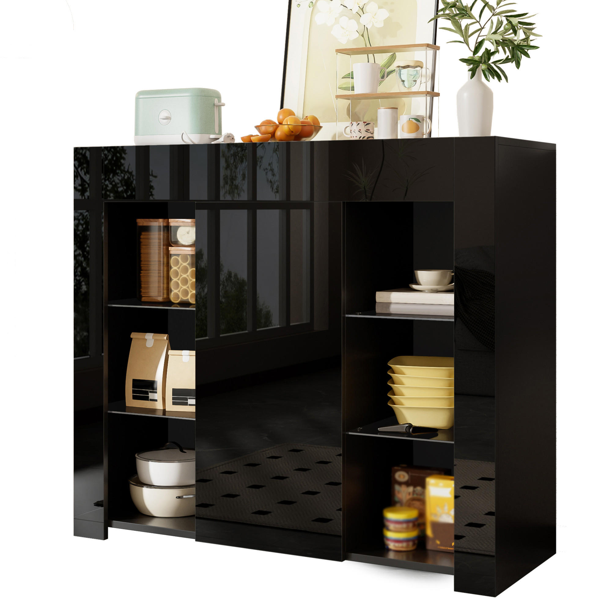 SIDEBOARD 95/83/35 cm Schwarz aus Spanplatte mit Glasregalen - Schwarz, Holzwerkstoff (35/83/95cm) - OKMYHOME