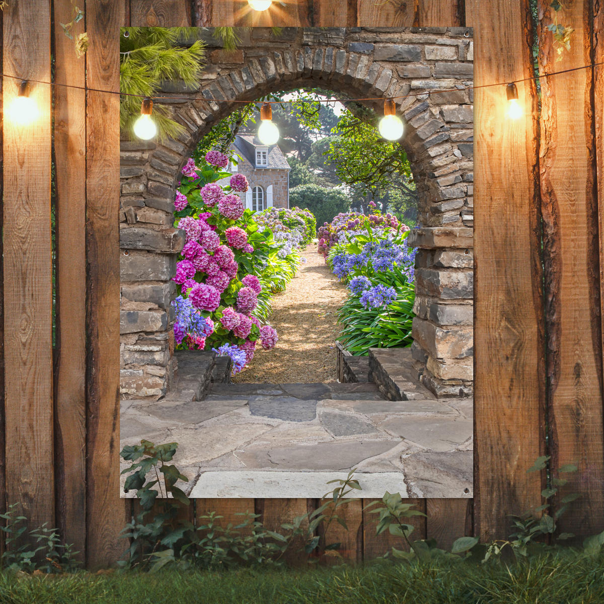 ZAHRADNÍ PLAKÁT Květiny - pohled - hortenzie - léto 120x160 cm - hnědá, plast (120/160/0.2cm) - OnlyWow
