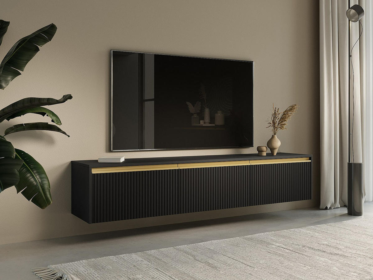 TV-MÖBEL zum Aufhängen oder Aufstellen mit 3 Türen - MDF - Schwarz & Goldfarben - POSINIA - Schwarz, Holz (181.5/42/39cm) - Vente-Unique