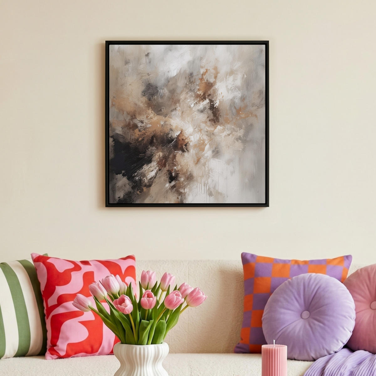 LEINWAND Bilder mit Rahmen - Farbe - Abstrakt - Beige - Kunst - 50x50 - Greige, Textil (50/50cm) - MuchoWow
