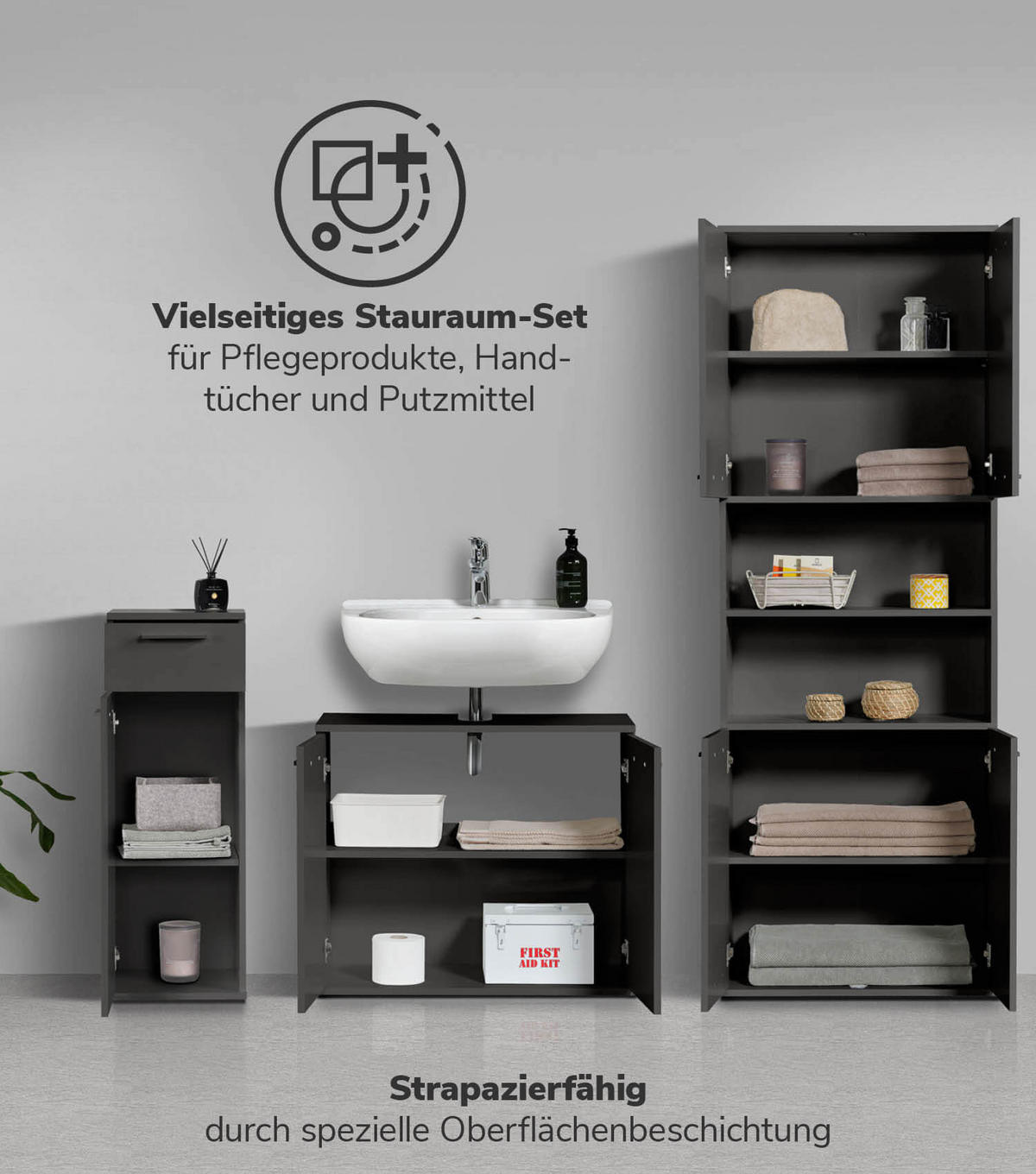 BADMÖBEL-SET 3-teilig Der Steuermann - Schwarz, Holzwerkstoff (168/180/34cm) - Mokebo