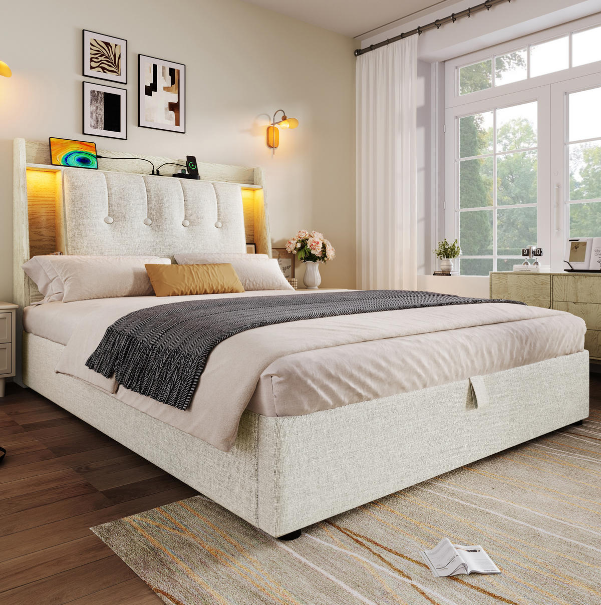 POLSTERBETT 90/200 cm mit LED-Beleuchtung, USB-C und Bettkasten in Beige - Beige, Textil (90/200cm) - BEAOK