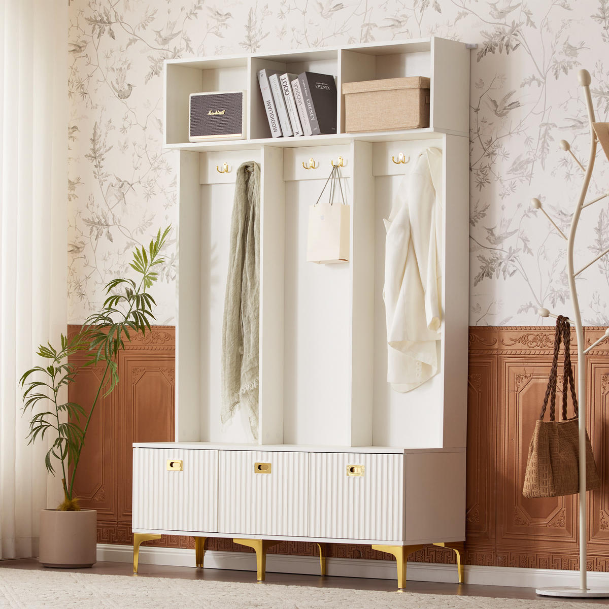 GARDEROBE mit Sitzbank, Spanplatte mit goldfarbenen Details, 120/23,5/191,5 cm, Weiß - Weiß, Holzwerkstoff (40/191/120cm) - Redom