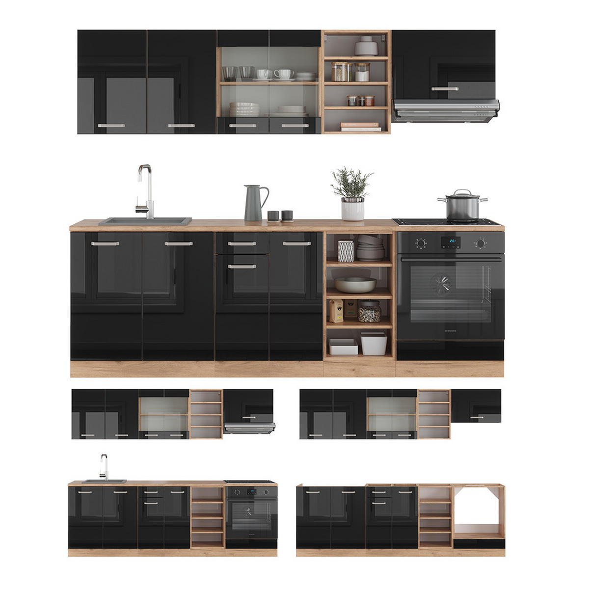 KÜCHENZEILE R-Line Schwarz Hochglanz/Goldkraft Eiche 240 cm, AP Marmor - Schwarz Hochglanz/Eiche Wotan, Holzwerkstoff (240/81.6/60cm) - Vicco