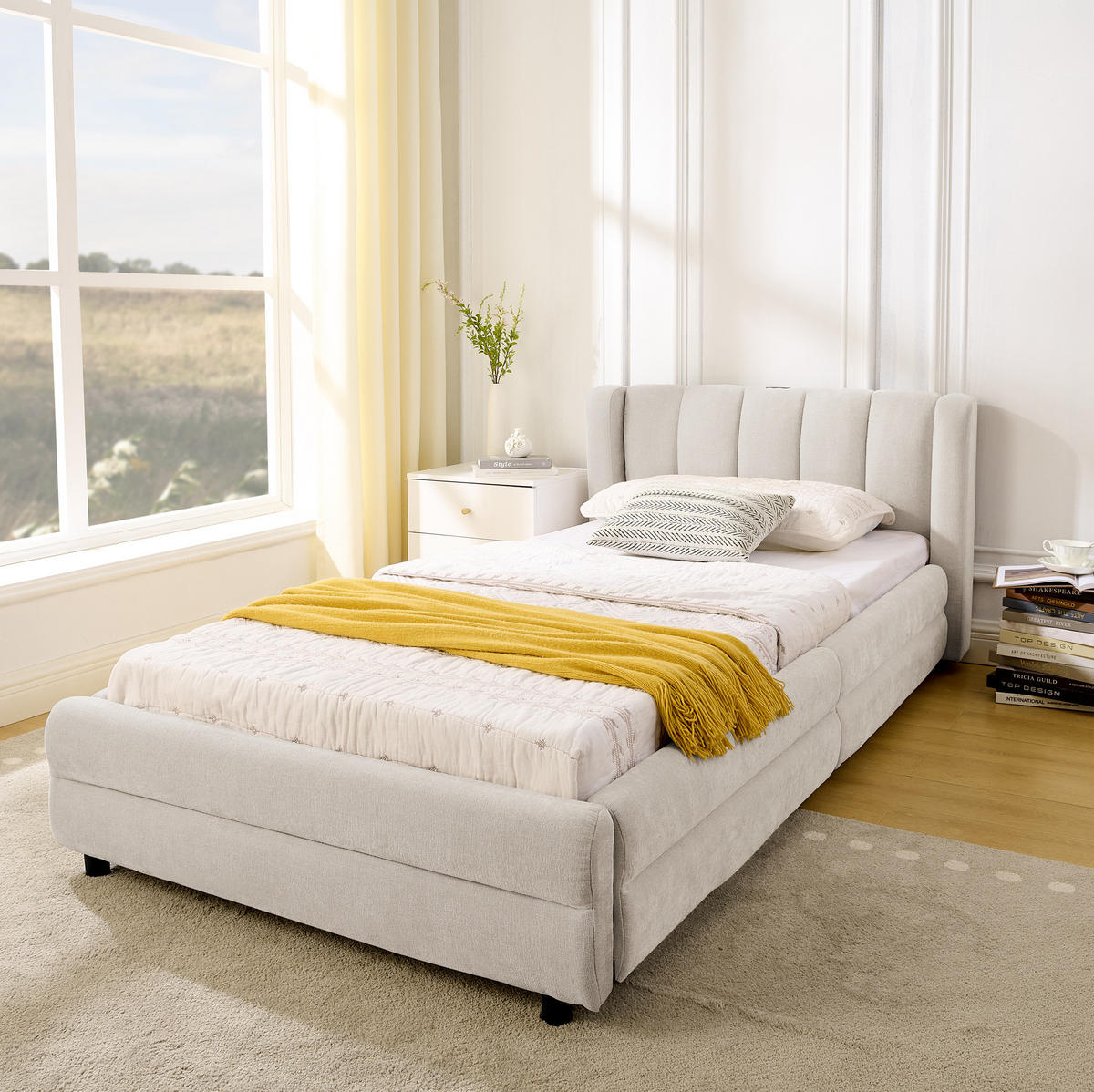 BETT mit Schubladen und USB 90x200 cm Chenille Beige - Beige, Holz (90/200cm) - Meubliv