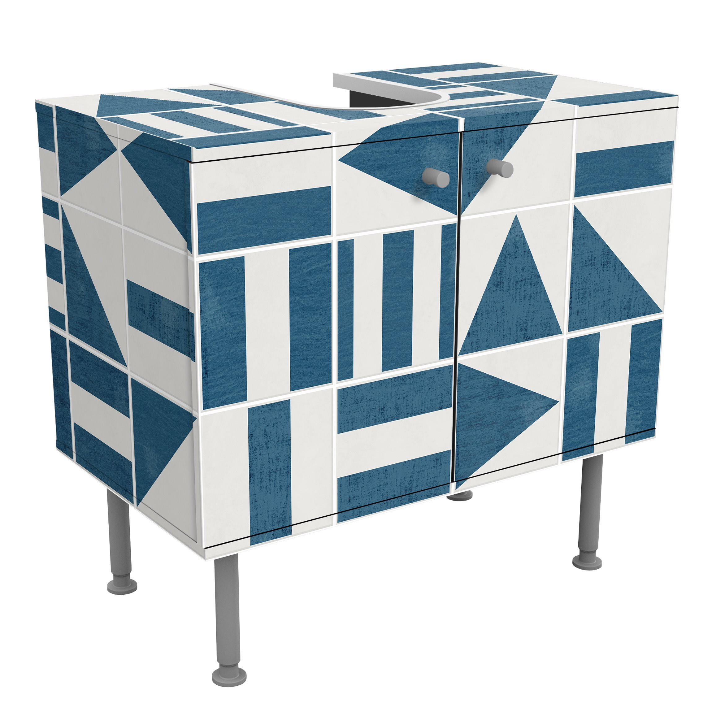 WASCHBECKENUNTERSCHRANK Fliesen mit geometrischen Formen Blau Shabby 60/55/35 cm - Blau, Holzwerkstoff (60/55/35cm) - Bilderwelten