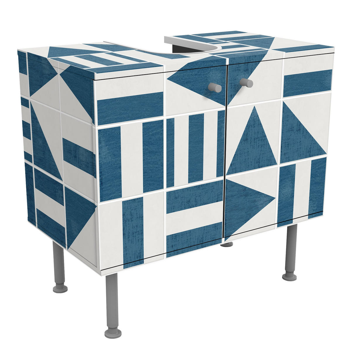 WASCHBECKENUNTERSCHRANK Fliesen mit geometrischen Formen Blau Shabby 60/55/35 cm - Blau, Holzwerkstoff (60/55/35cm) - Bilderwelten
