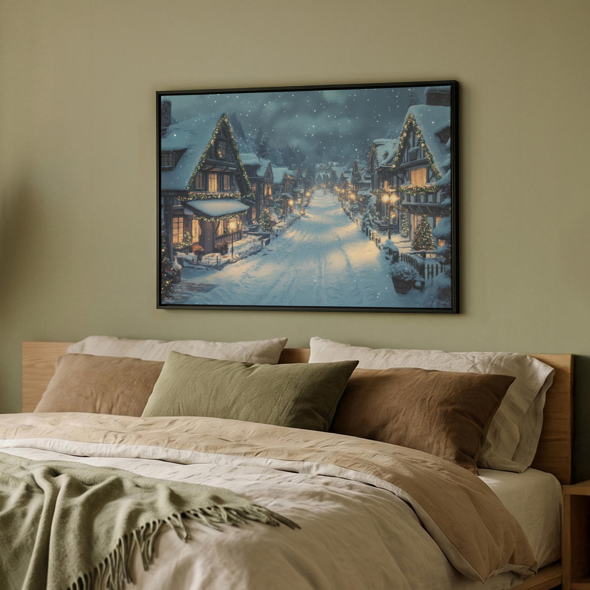LEINWAND Bilder mit Rahmen - Weihnachtsdorf - Weihnachten - Schnee - Winter - 70x50 - Dunkelblau, Textil (70/50cm) - MuchoWow