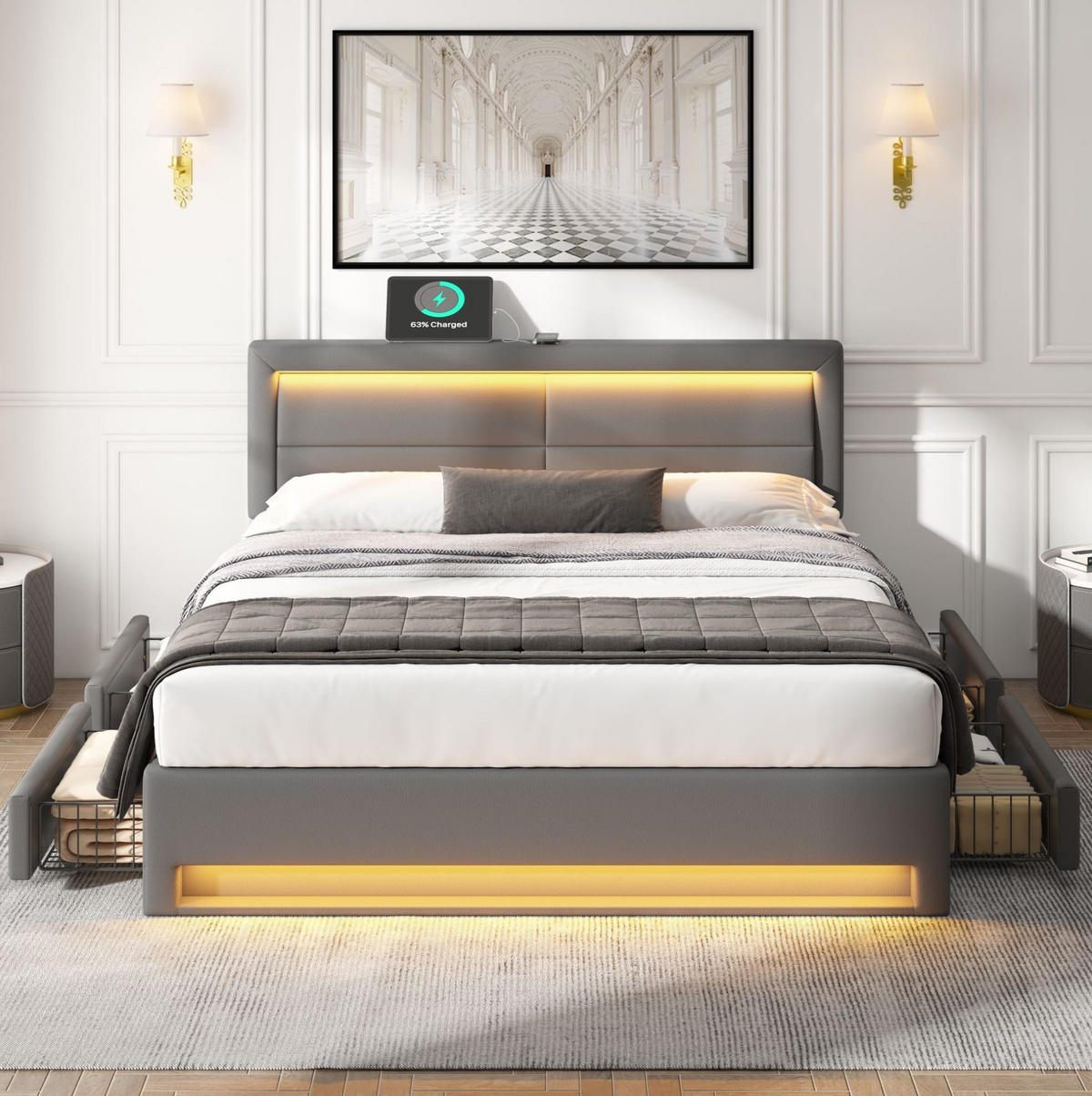 POLSTERBETT aus PU 140x190 cm Grau mit LED-Beleuchtung, USB-Anschluss, kabellosem Laden und 4 Schubladen - Grau, Kunststoff (140/190cm) - Modfu
