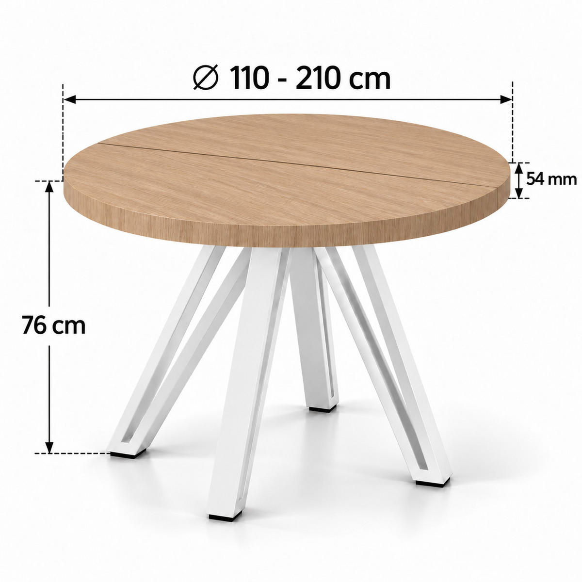 ESSTISCH rund ausziehbar 110/210/76 cm, Hellbraun, Eiche Hikora Egger Natur, 54 cm Tischplatte + Industrial Metallgestell Weiß - Hellbraun/Eichefarben, Holzwerkstoff/Metall (110/210/76cm) - Damale Möbel