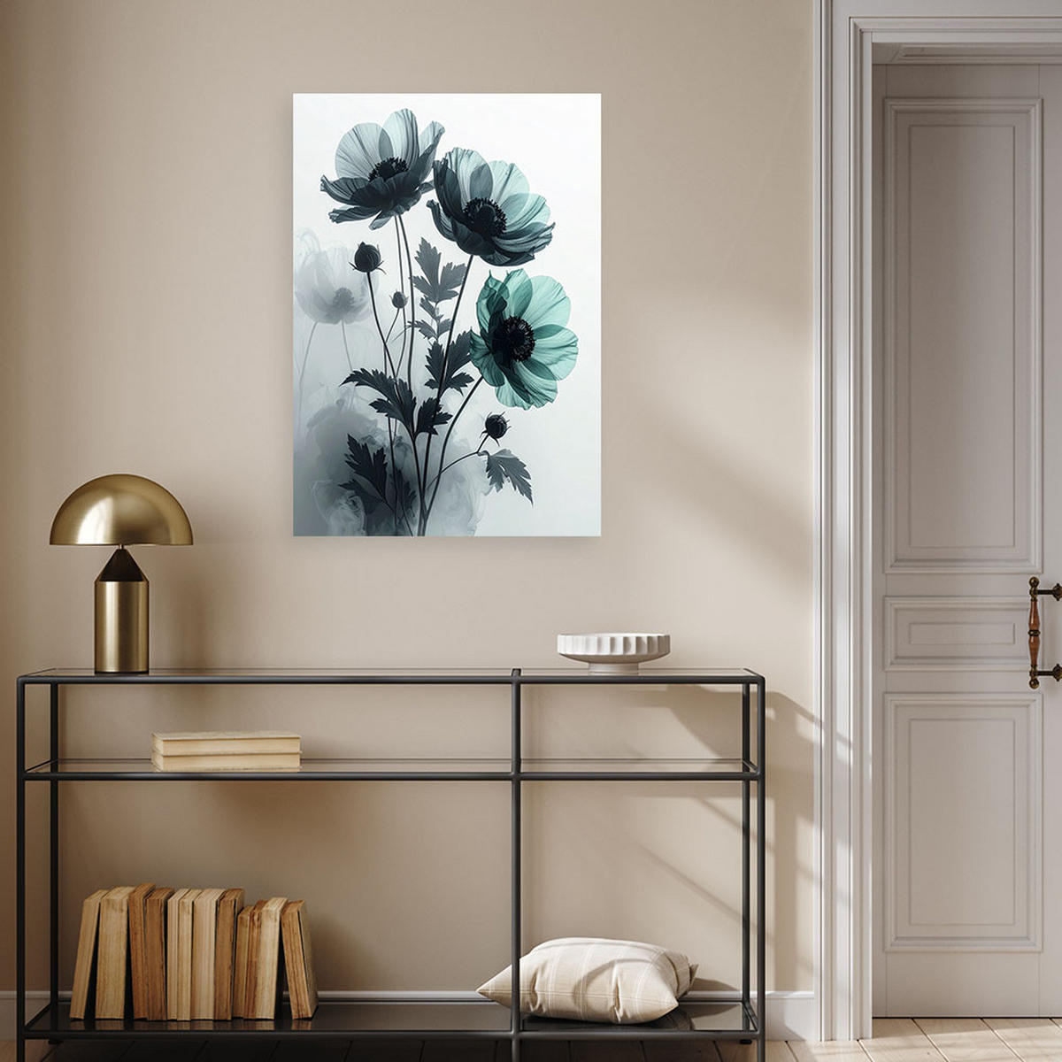 BILD auf Leinwand, Zarte grüne botanische Blumen - Blau, Textil (40/60cm) - Feeby