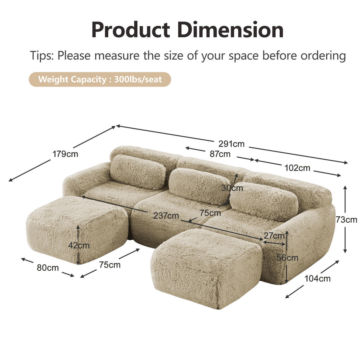 ECKSOFA 291/179/73 cm Hellkhaki aus Plüsch mit U-Form, rutschfester Basis und Kissen - Beige, Textil (179/291cm) - OKWISH