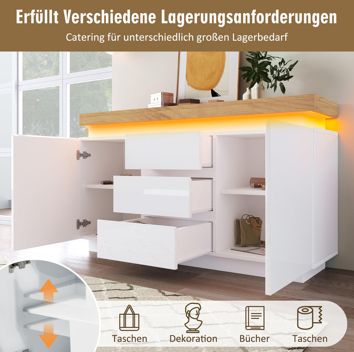 KOMODA 140 cm v beli visoki sijaj z LED-osvetlitvijo in 2 vrati - bela, leseni material (39/81/140cm) - OKMYHOME