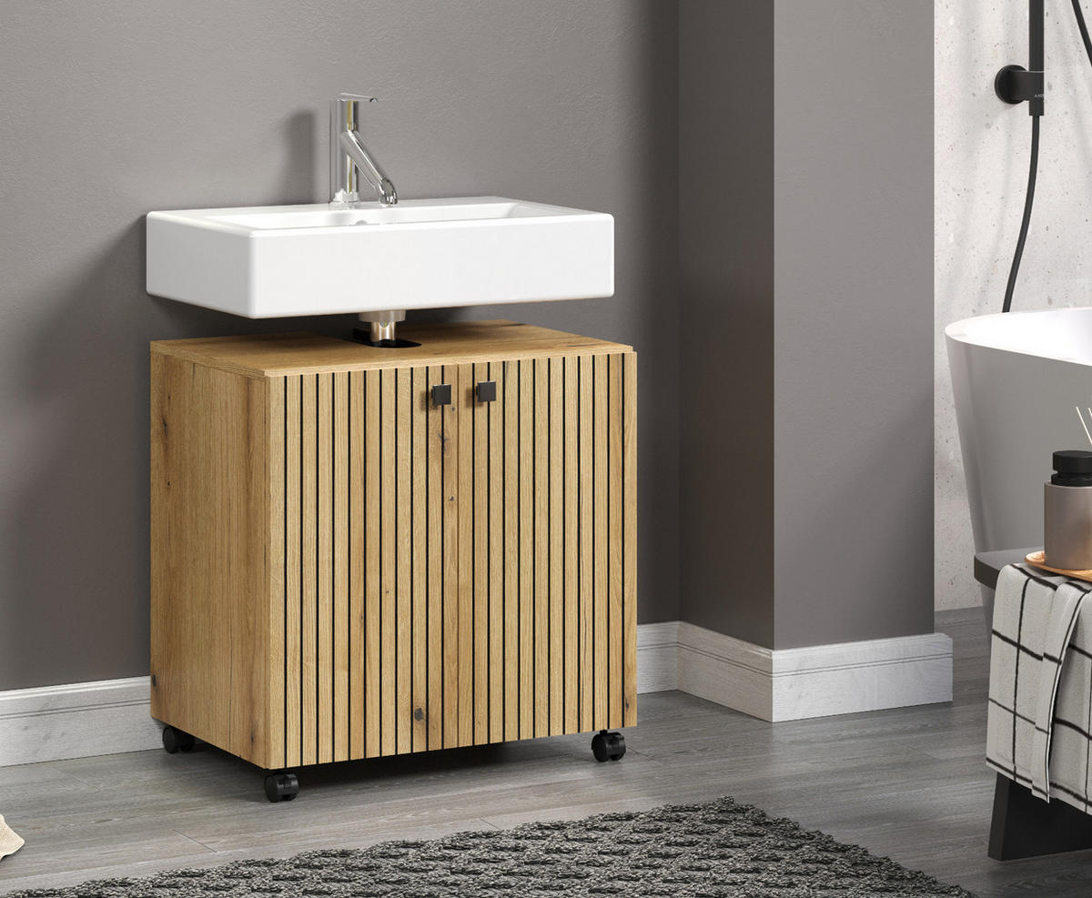 WASCHBECKENUNTERSCHRANK Evoke Eiche 60 cm, Badschrank auf Rollen - Eichefarben/Schwarz, Holzwerkstoff/Kunststoff (60/64/42cm) - Top.Furn