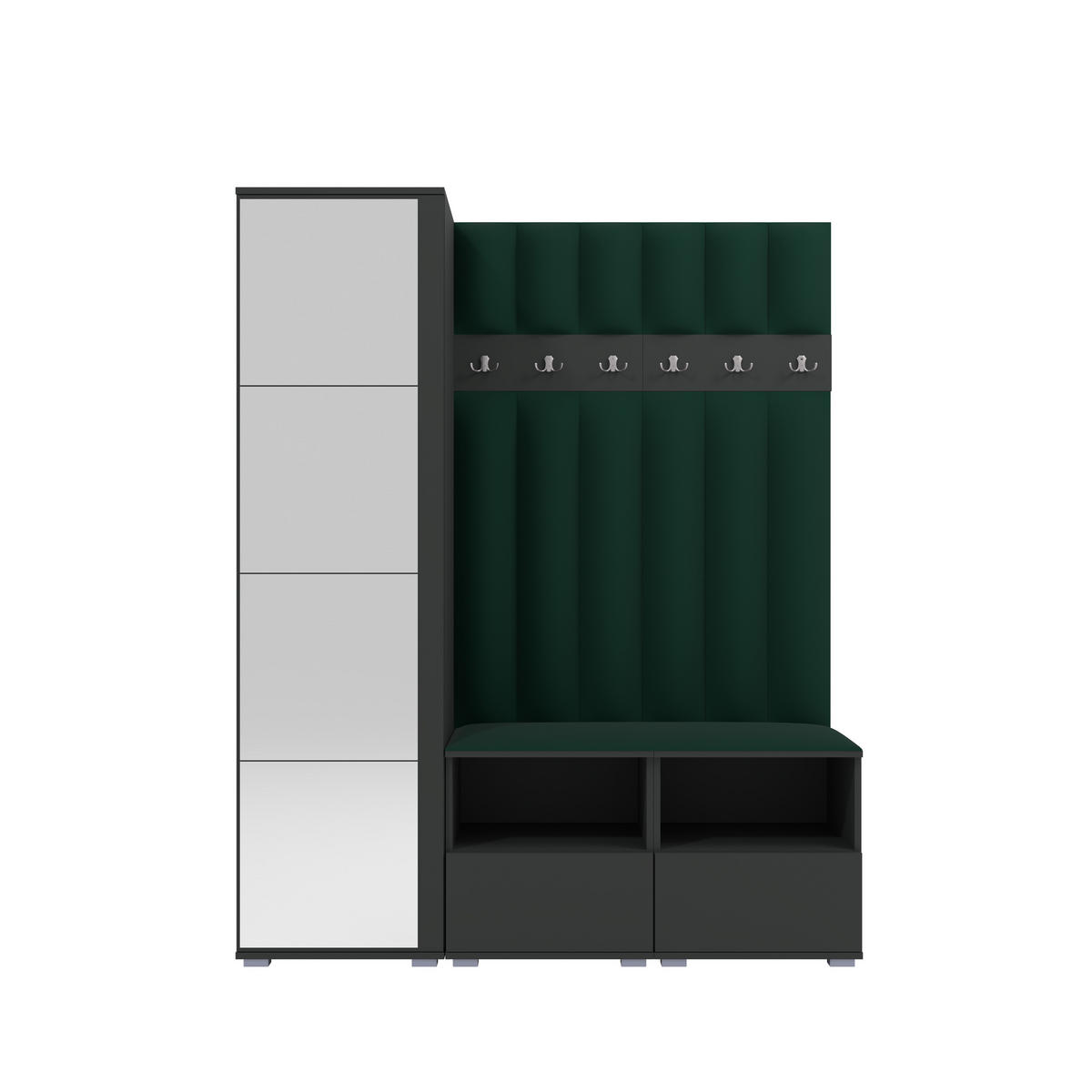 GEPOLSTERT Garderoben-Set Nela II LUX (Spiegel – Farbe Graphit + Stoff Trinity 28) - Dunkelgrün/Silberfarben, Holz/Holzwerkstoff (150/187/40cm) - Ravio
