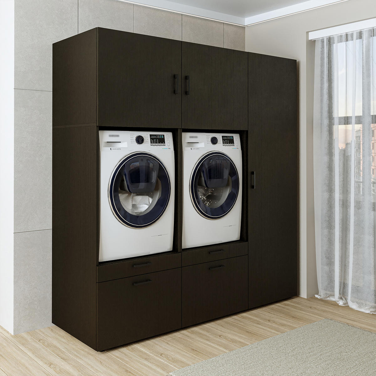 WASCHMASCHINENSCHRANK Serie 2 194cm Breit, 205cm Hoch - Schwarz, Holzwerkstoff (194/205/67cm)
