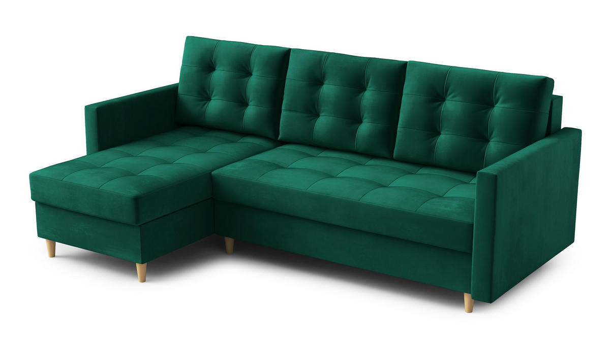 ECKSOFA DIVO Kronos L-förm, Schlaffunktion, elegantes Design, hochwertige Materialien, lose Rückenkissen, freistehend, LINKS 144x224x95 cm Green - Grün, Holz/Textil (144/224cm) - DomoHome