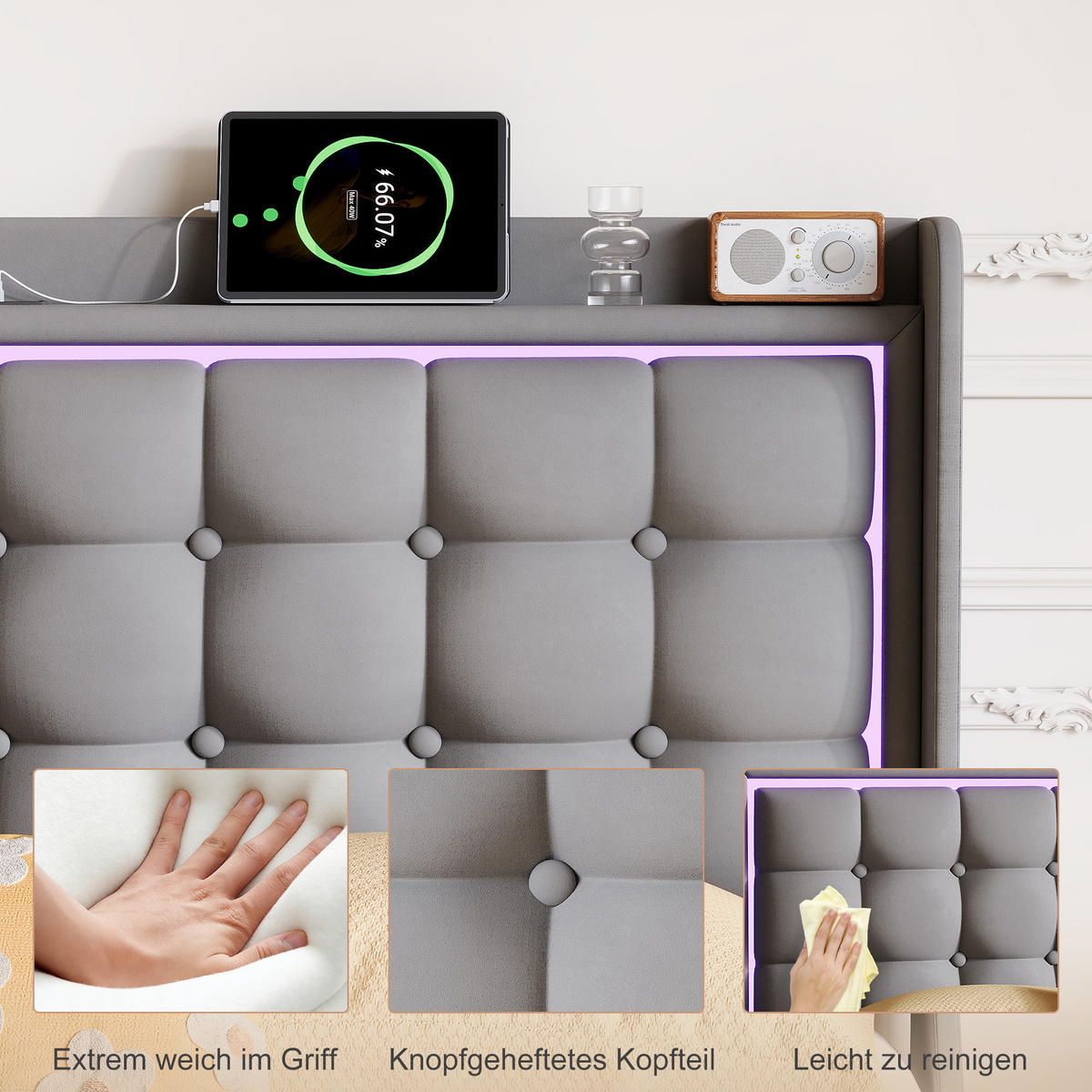 POLSTERBETT 160x200 cm mit LED und USB, Doppelbett mit Lattenrost und Kopfteil, Samtbezug, Grau - Grau, Holzwerkstoff/Textil (160/200cm) - GENKI LIVING