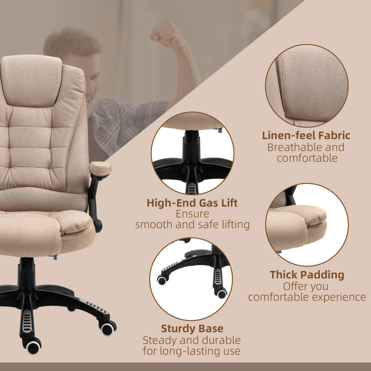 BÜROSTUHL mit Vibrationsmassage, Ergonomisch Schreibtischstuhl Höhenverstellbar - Schwarz/Braun, Kunststoff/Textil (74/116/67cm) - Vinsetto