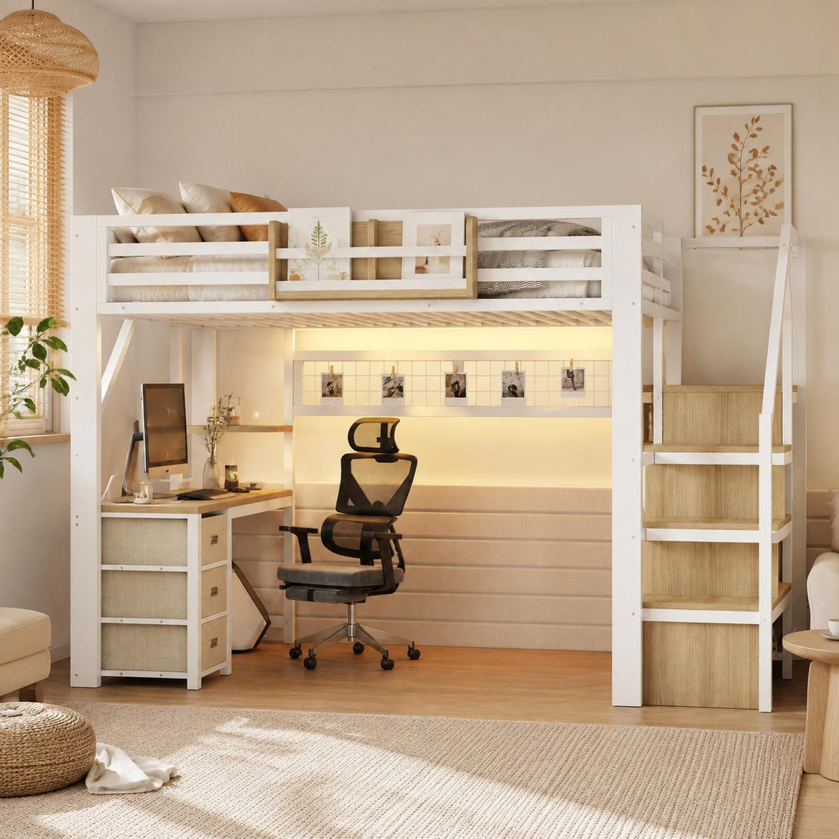 HOCHBETT 140/200 cm Weiß mit Treppenschrank und Schreibtisch - Weiß, Metall (140/200cm) - MIVRAY